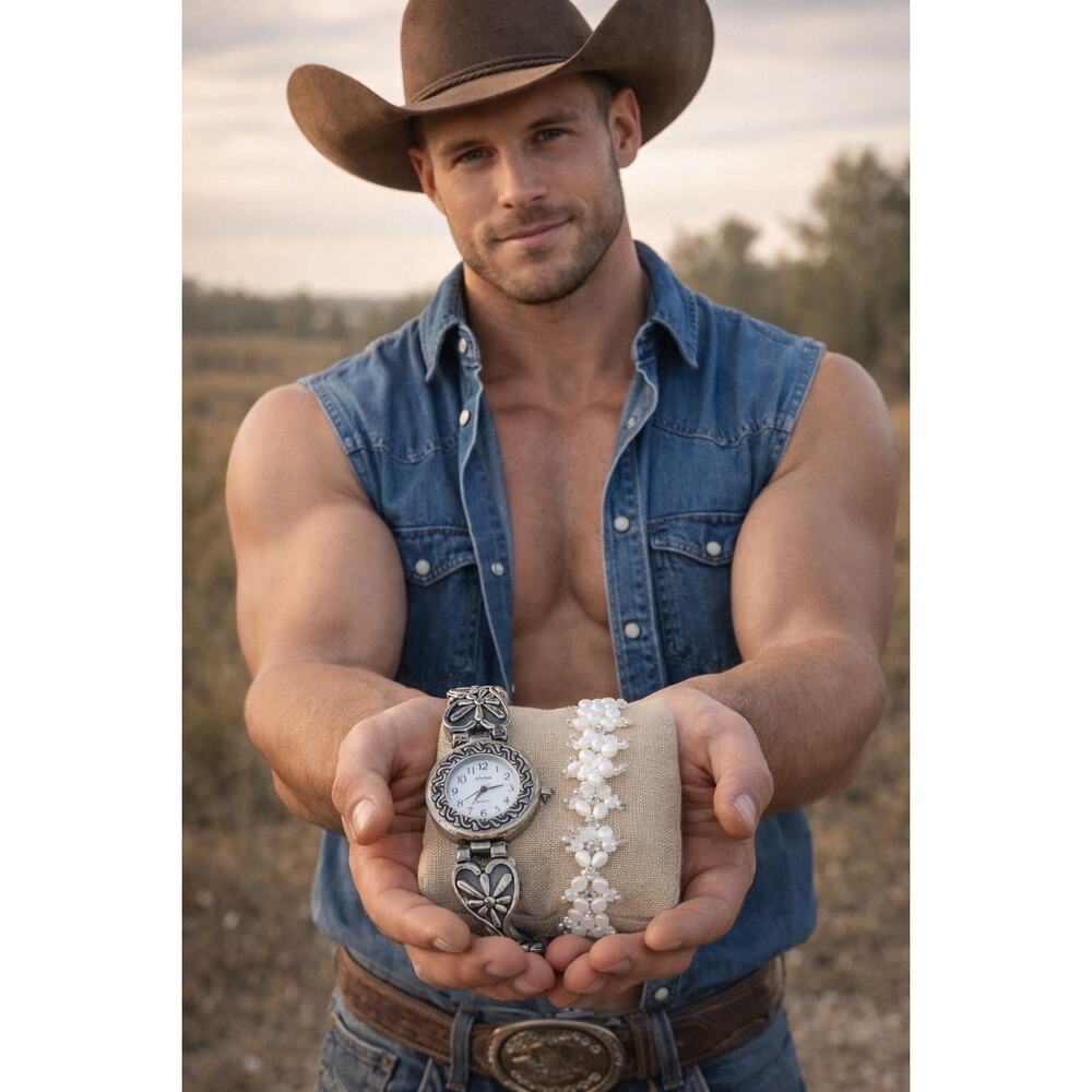 Vivani Watch and Bracelet Set Silver Floral White Beaded Romantic Gift